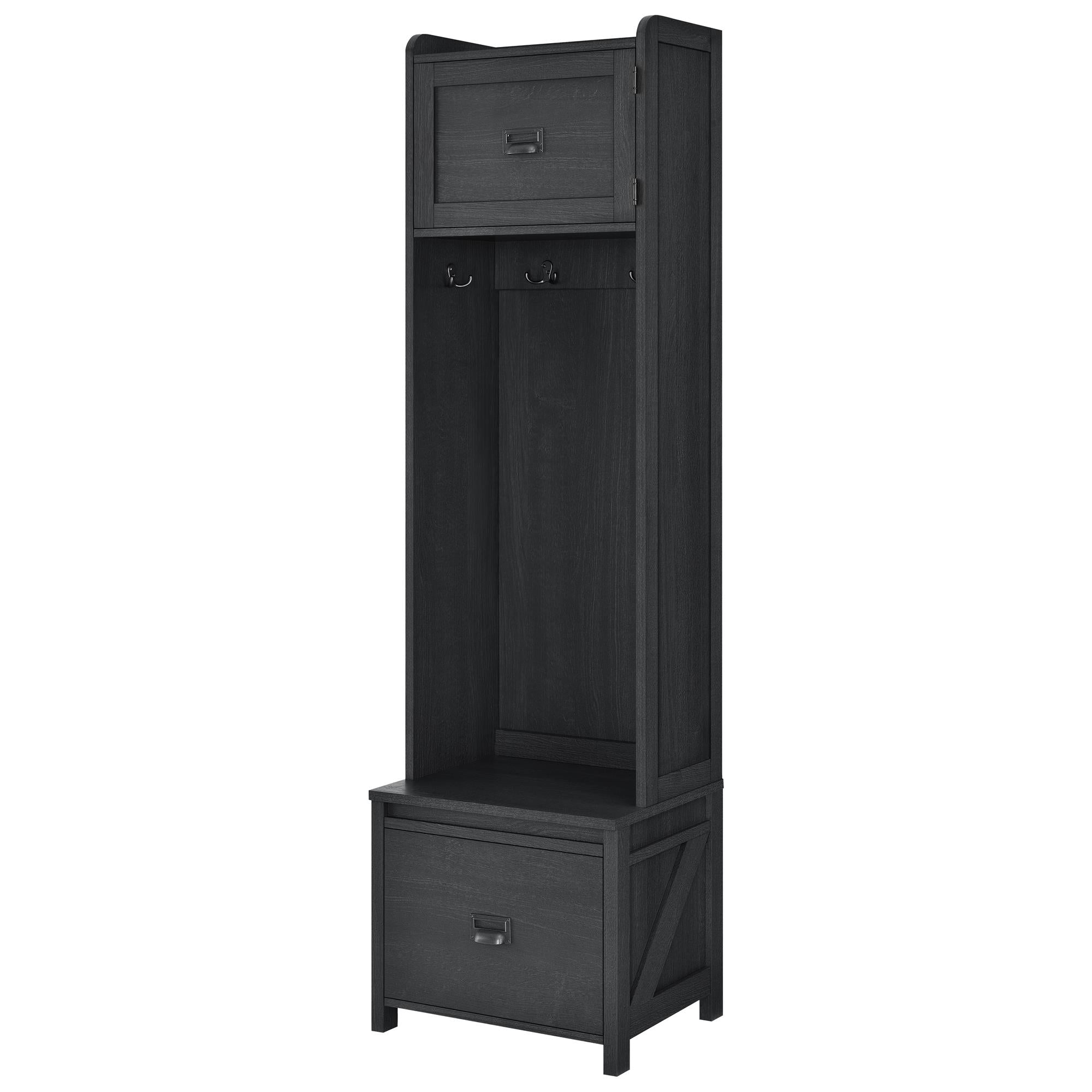 Systembuild Evolution Farmington Entryway Hall Tree with Storage Bench - Black Oak