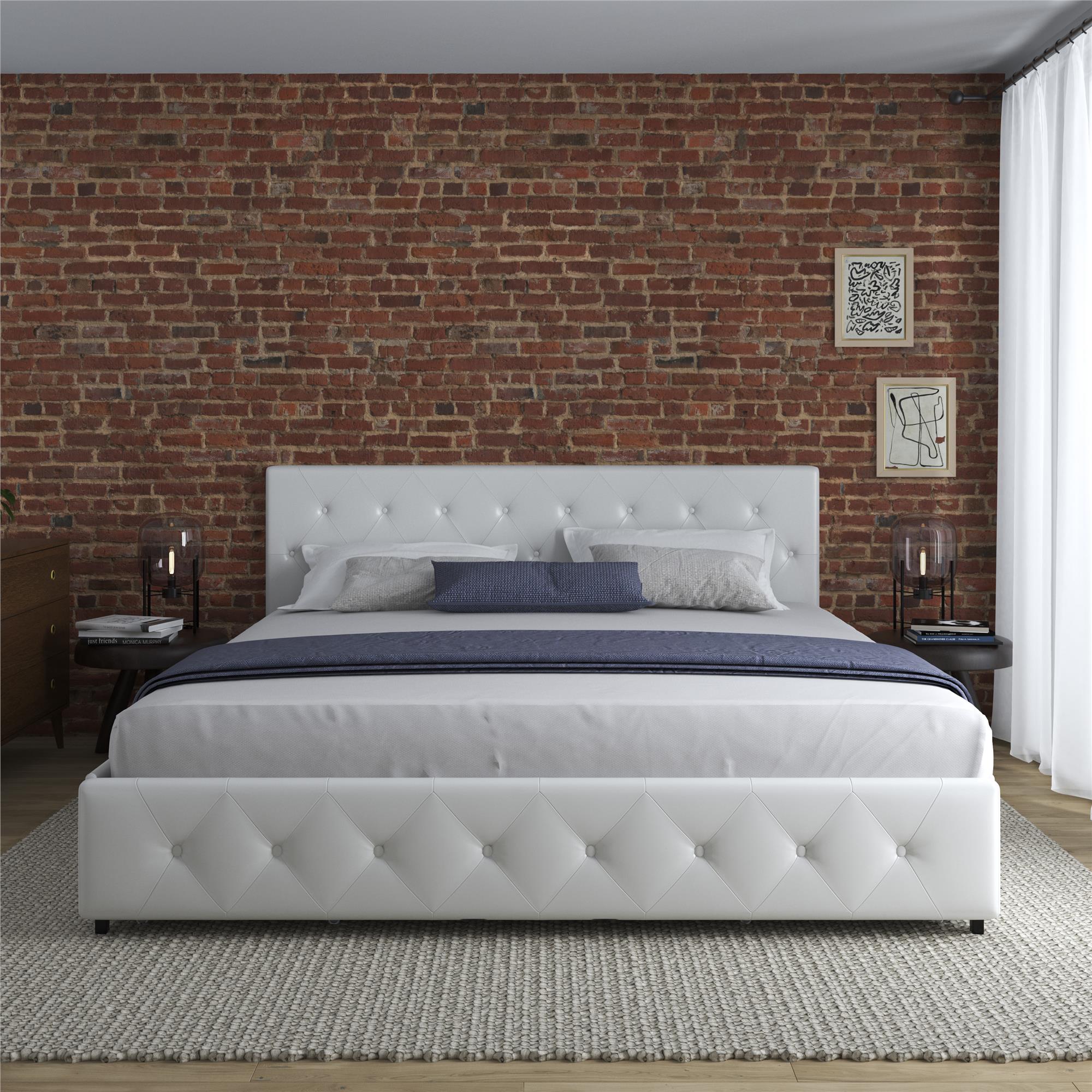DHP Dakota Upholstered Bed Frame with Drawers - White Faux leather - King