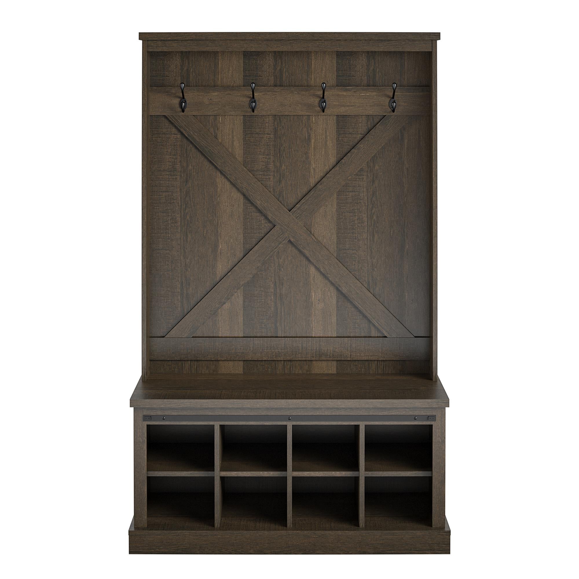 Knox County Entryway Bench Hall Tree with Coat Hooks and Shoe Storage, Brown Oak - Brown Oak