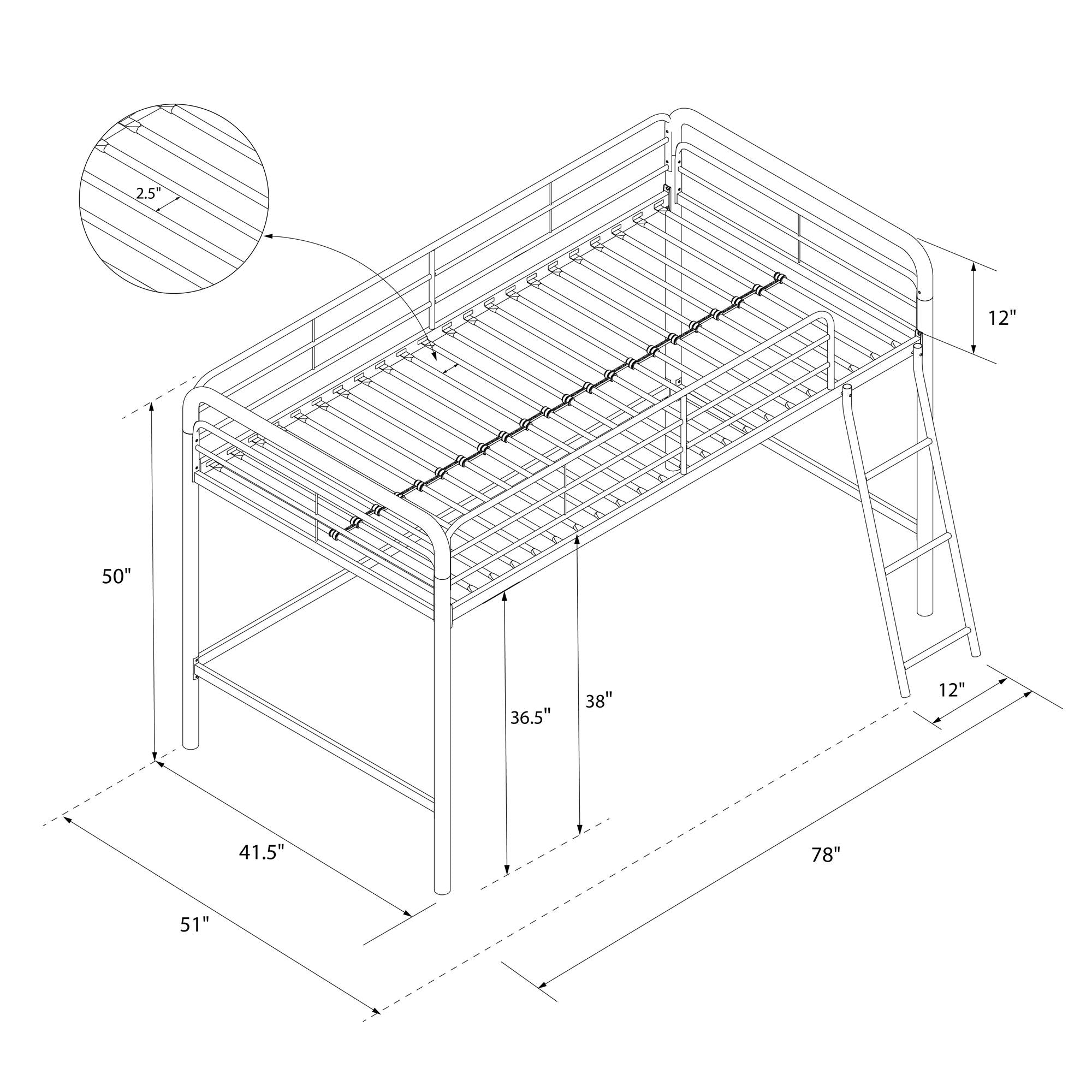 DHP Jett Junior Twin Metal Loft Bed, Silver - Silver - Twin